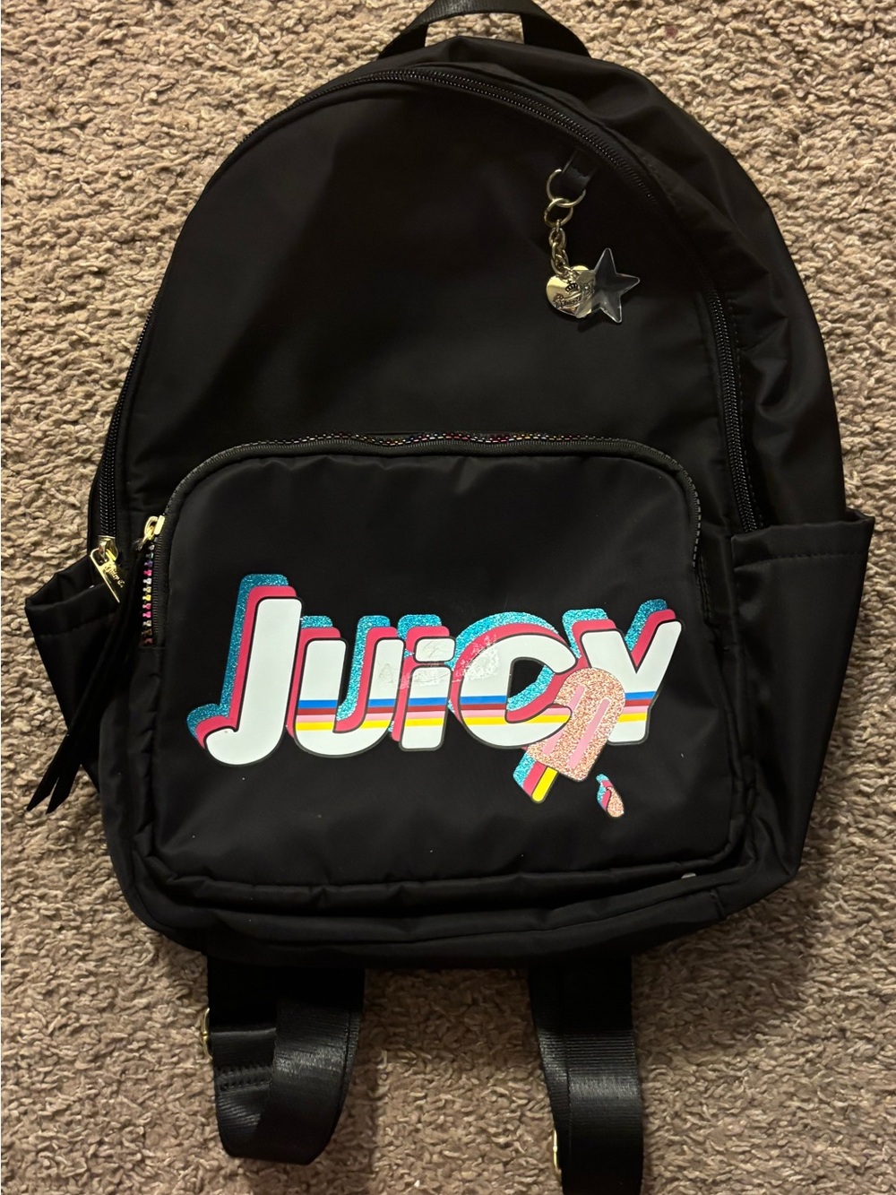 Juicy Couture Kids Black Mini Backpack with Rainbow Zipper/Logo Like New